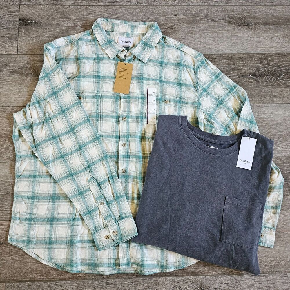 Lot of 2 Men's Goodfellow Plaid Flannel Long Sleeve SOFT Crew neck t-Shirt XXL